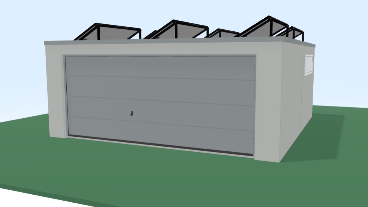 Doppelgarage mit einem Großtor mit Fotovoltaik und Wallbox